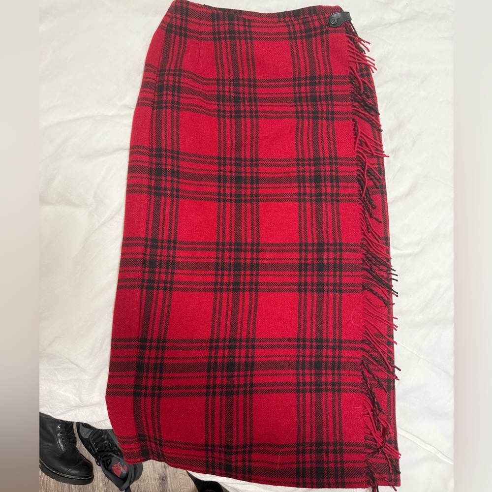Classic vintage Red Plaid Fringe blanket Maxi Skirt